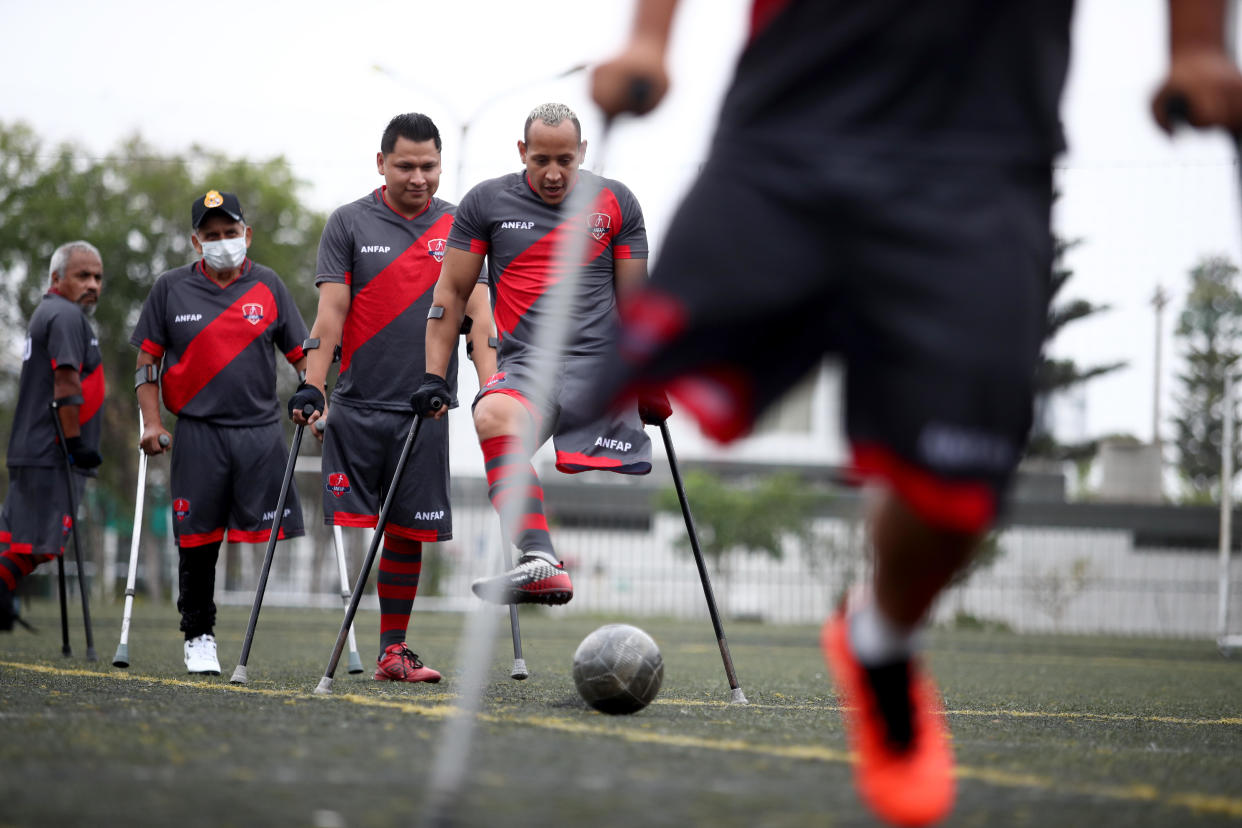 Juan Vargas kicks the ball during a training session by the Peruvian Amputee Football team on December 17, 2021 in Lima, Peru. / Credit: Getty Images