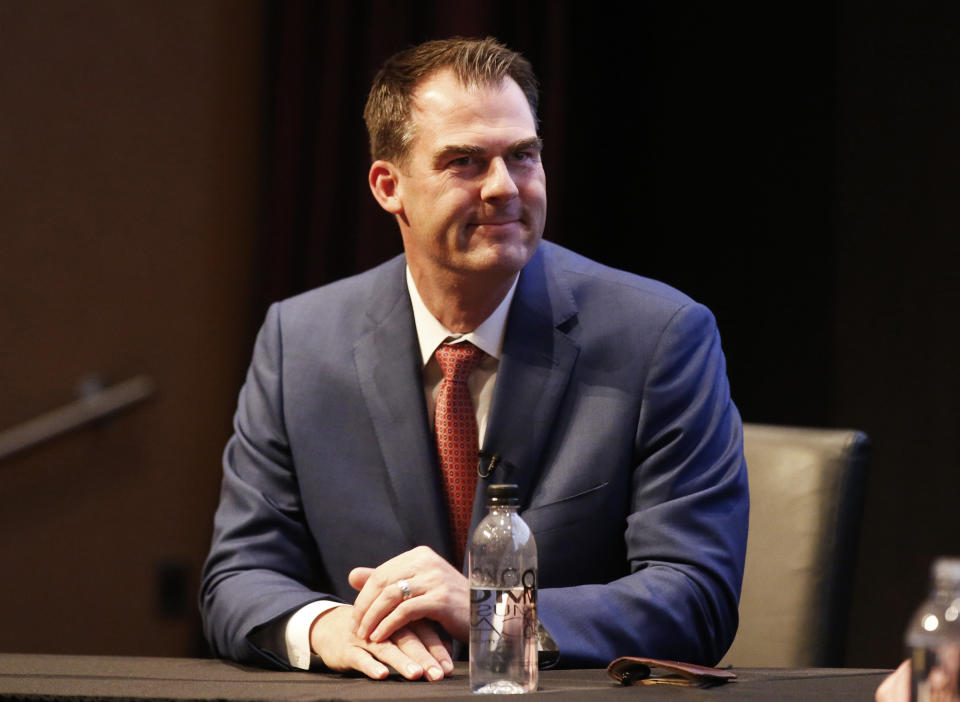 Oklahoma's Republican gubernatorial candidate Kevin Stitt answers a question during a gubernatorial forum in Oklahoma City, Monday, Sept. 24, 2018. (AP Photo/Sue Ogrocki)