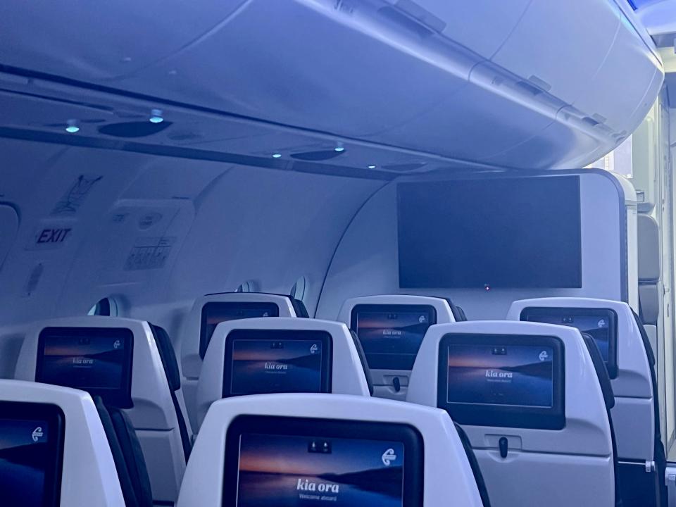 There are TVs on both sides in the front of the A320 mock cabin — Air New Zealand's Academy of Learning in Auckland.