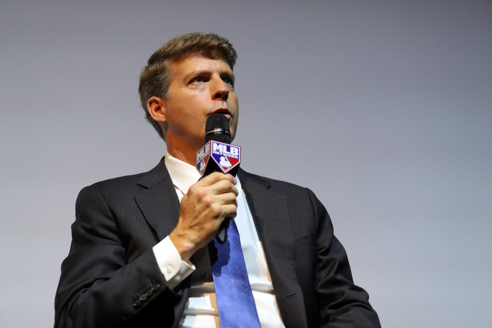 LONDON, ENGLAND - MAY 8: New York Yankees Managing General Partner/Co-Chairperson Hal Steinbrenner speaks during the announcement of the 2019 London Series between the New York Yankees and the Boston Red Sox in London, England on Tuesday, May 8, 2018. (Photo by Alex Trautwig/MLB Photos) 