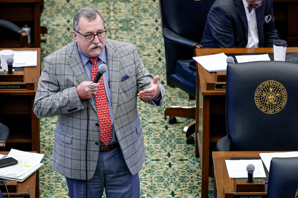 Rep. Mark McBride speaks during day 67 of legislation in the Oklahoma House of Representatives at the Oklahoma Capitol in Oklahoma City, on Thursday, May 30, 2024.