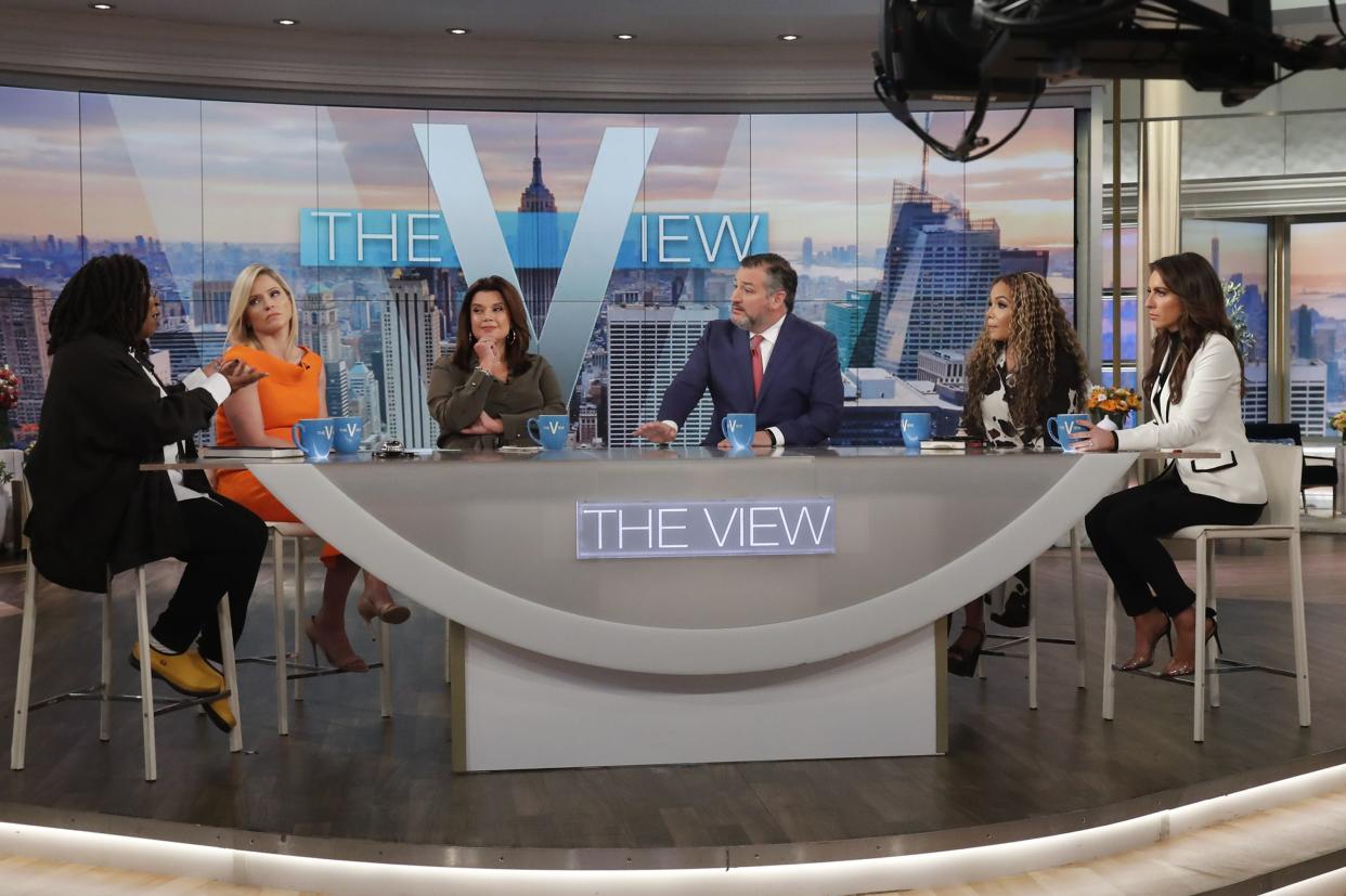 This image released by ABC shows Sen. Ted Cruz, R-Texas, center right, with co-hosts, from left, Whoopi Goldberg, Sara Haines, Ana Navarro, Sunny Hostin and Alyssa Farah Griffin during an appearance on the daytime talk show "The View" in New York on Monday, Oct. 24, 2022. 