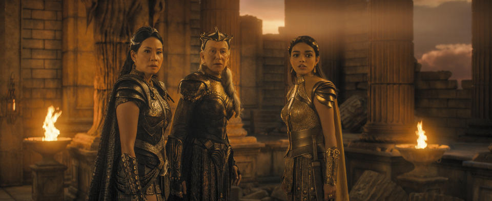 This image released by Warner Bros. Pictures shows Lucy Liu, from left, Helen Mirren and Rachel Zegler in a scene from "Shazam! Fury of the Gods." (Warner Bros. Pictures via AP)
