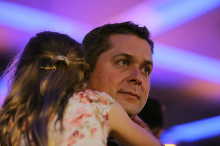 Andrew Scheer holds his daughter moments before winning the Conservative Party of Canada leadership at their convention in Toronto, Ontario, Canada May 27, 2017. REUTERS/Chris Helgren