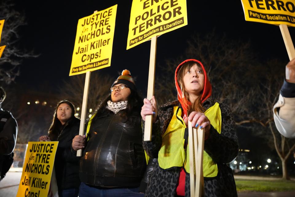 Protesters rally in Lafayette Square in Washington, D.C., after Memphis officials released police body camera footage of the arrest of Tyre Nichols.