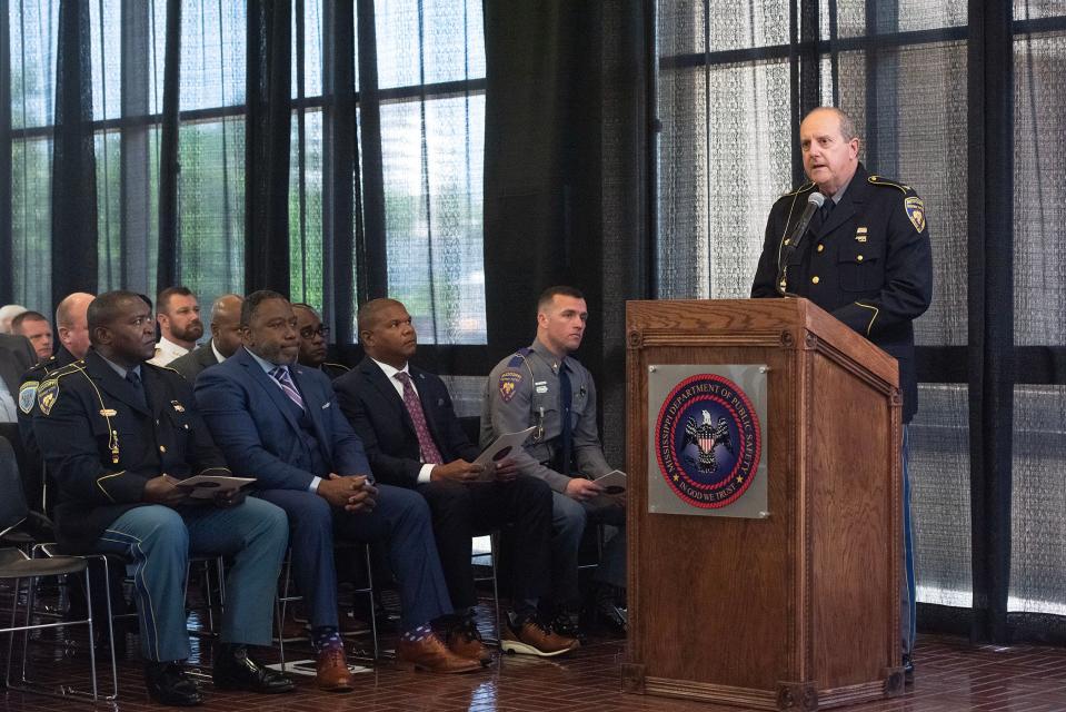 Col. Randy Ginn with the Mississippi Department of Public Safety speaks during the MHP Fallen Officers Memorial Service at DPS headquarters in Jackson, Miss, Tuesday, May 16, 2023.