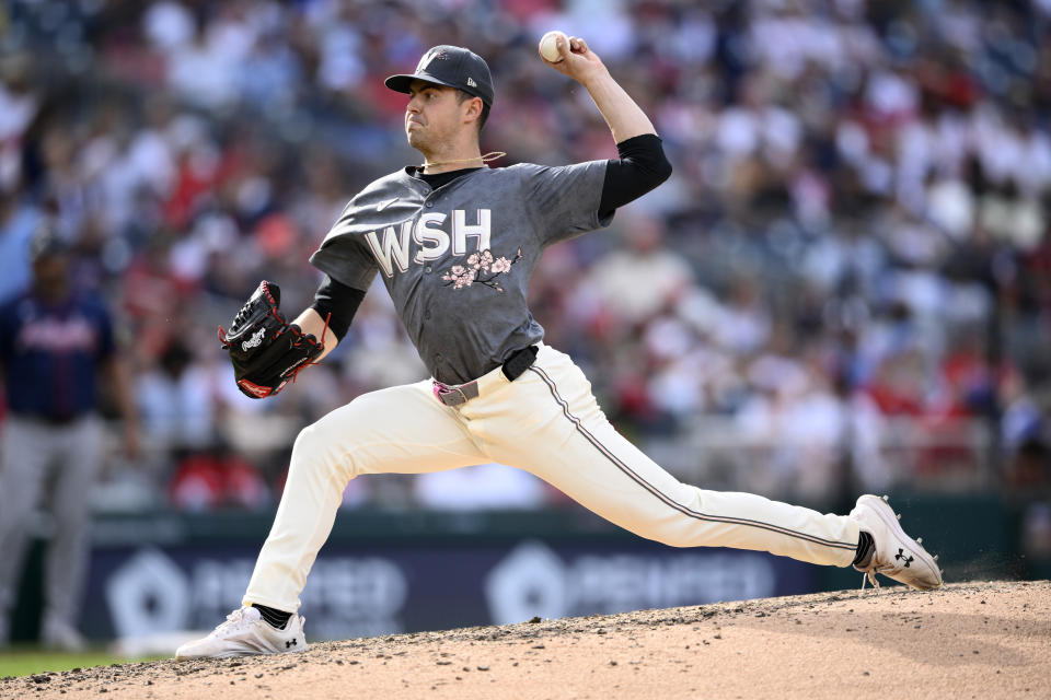 Washington Nationals starting pitcher MacKenzie Gore throws during the fifth inning of a baseball game against the Atlanta Braves, Saturday, June 8, 2024, in Washington. (AP Photo/Nick Wass)