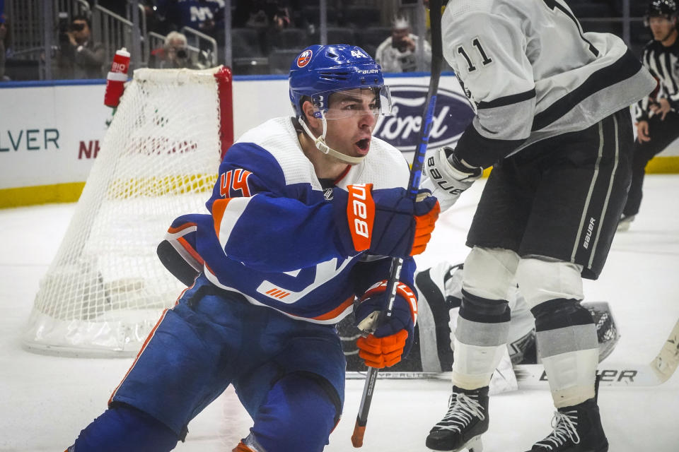 New York Islanders' Jean-Gabriel Pageau (44) reacts after scoring for an NHL hockey game overtime win over the Los Angeles Kings, Saturday, Dec. 9, 2023, in Elmont, N.Y. (AP Photo/Bebeto Matthews)