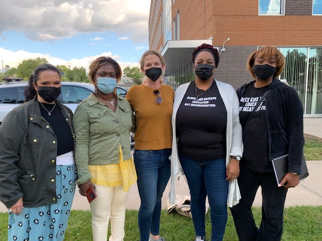 Minneapolis parent Sara Spafford Freeman, center, flanked by National Parent Union leaders (left to right) Keri Rodrigues, Khulia Pringle, Tafshier Cosby-Thomas and Vivett Dukes