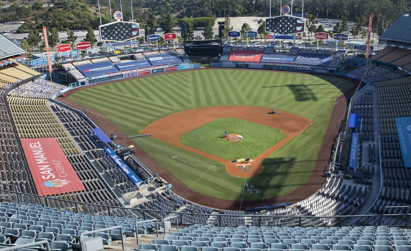 LOS ANGELES, CA - SEPTEMBER 24, 2020: Overall, shows the view of Dodger Stadium from the Top Deck section, where the Dodger Stadium Vote Center will be located. The vote center will be open for early voting for the general election, from October 30, 2020 to November 2, 2020, from 10am to 7pm and on Election Day from 7am to 8pm.. (Mel Melcon / Los Angeles Times)