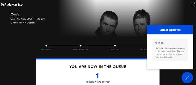 A screengrab from the Ticketmaster website detailing information about Oasis concert tickets for sale in Dublin 
