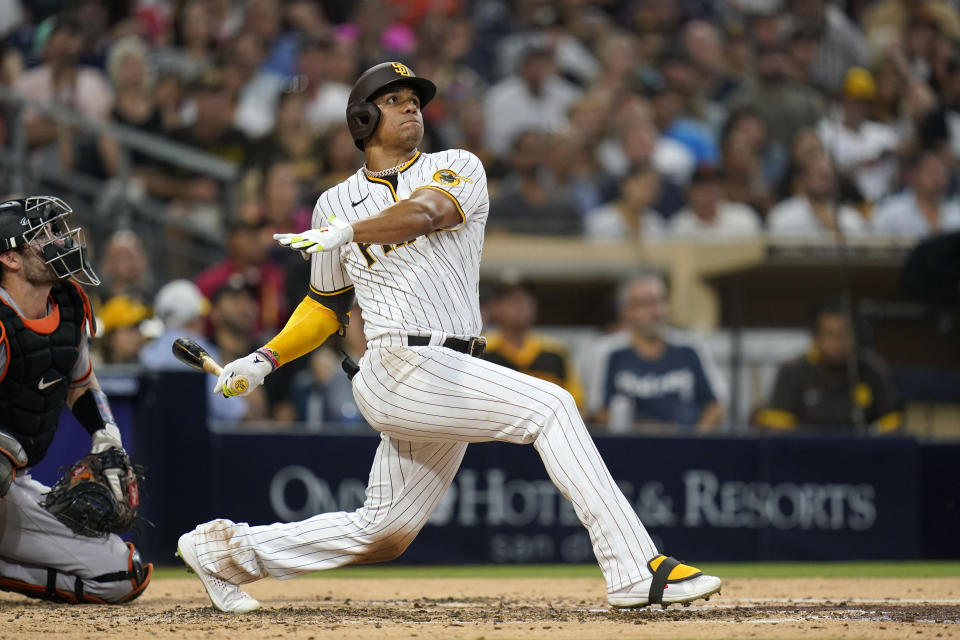 San Diego Padres' Juan Soto watches his home run during the fourth inning of the team's baseball game against the San Francisco Giants, Tuesday, Aug. 9, 2022, in San Diego. (AP Photo/Gregory Bull)