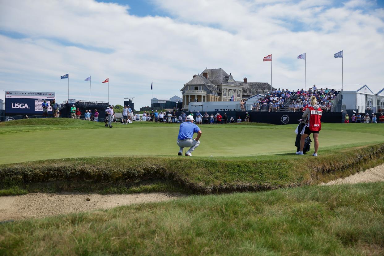 Steve Stricker lines up a putt during his round on Thursday at the U.S. Senior Open.