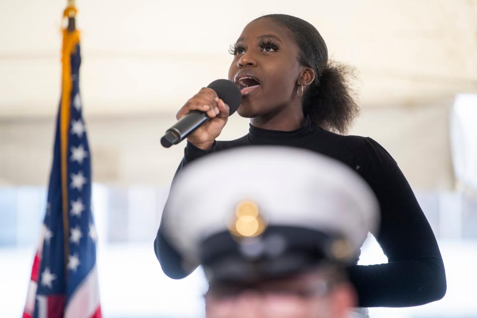 Fulton High student Imani Anna performs the National Anthem during Knoxville Mayor Indya Kincannon&#39;s State of the City Address.