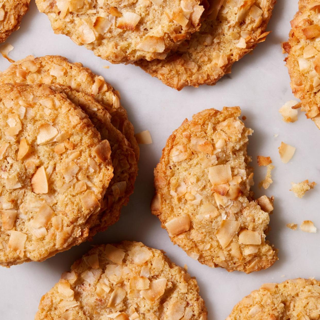 coconut cookies topped with toasted coconut chips