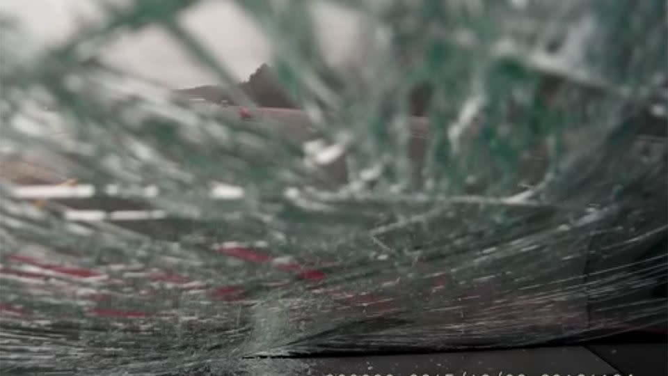 The sheet of ice caused extensive damage to Mr Cotes windscreen. Photo: Youtube/Jeffrey Cotes