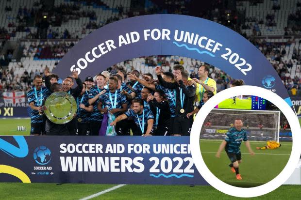 Lee Mack scored the winning penalty at Soccer Aid 2022. (Photo: ITV)