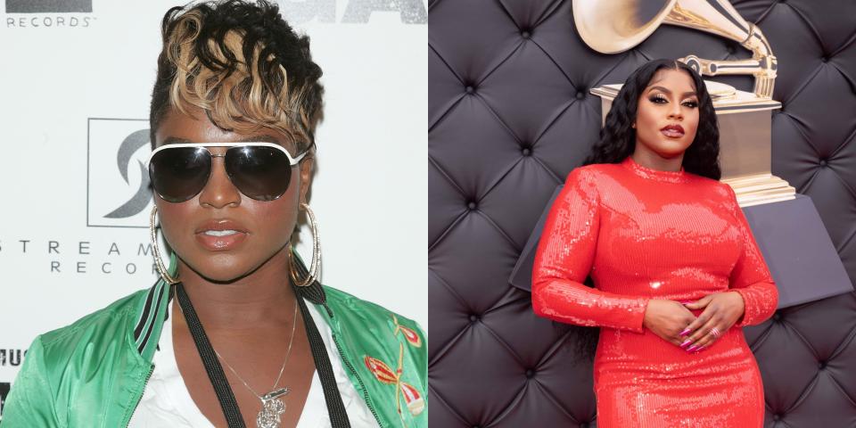 Ester Dean (2009, left) started out singing in Tulsa, Oklahoma for anyone who would listen. Now (2022, right) she has numerous top hits for artists like Rihanna, Katy Perry, and Beyonce.