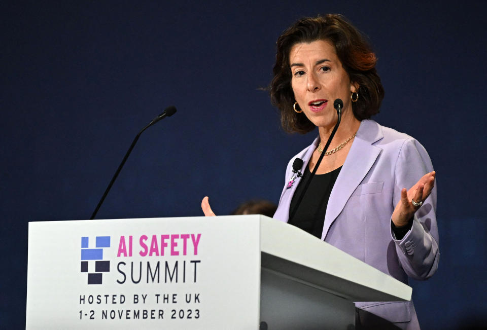 US Commerce Secretary Gina Raimondo speaks during the UK Artificial Intelligence (AI) Safety Summit at Bletchley Park, in central England, on November 1, 2023. (Photo by Leon Neal / POOL / AFP) (Photo by LEON NEAL/POOL/AFP via Getty Images)