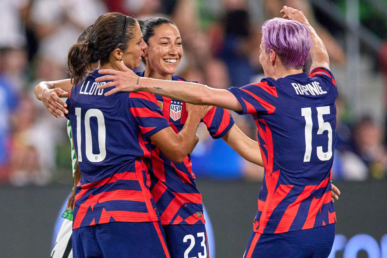 Carli Lloyd, Megan Rapinoe and Christen Press are all on the USWNT's 18-player roster for the 2021 Olympics in Tokyo. (Photo by Robin Alam/Icon Sportswire via Getty Images)