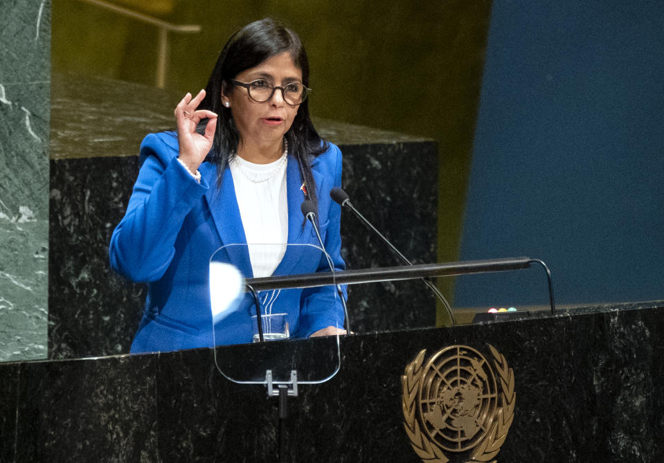 Vice President of Venezuela Delcy Rodriguez addresses the 74th session of the United Nations General Assembly, Friday, Sept. 27, 2019, at the United Nations headquarters. (AP Photo/Craig Ruttle)