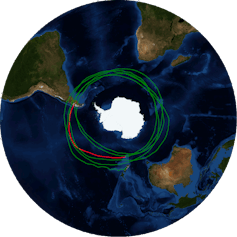 Flight path of SuperBIT, five and a half times around the Southern Ocean.