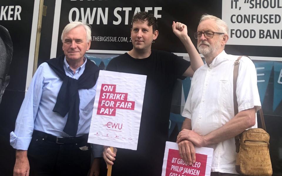 John McDonnell and Jeremy Corbyn join a Communication Workers Union picket line at BT Tower in London - Maighna Nanu/PA