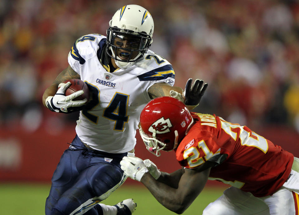 KANSAS CITY, MO - OCTOBER 31: Ryan Matthews #24 of the San Diego Chargers carries the ball as Javier Arenas #21 of the Kansas City Chiefs defends during the game on October 31, 2011 at Arrowhead Stadium in Kansas City, Missouri. (Photo by Jamie Squire/Getty Images)