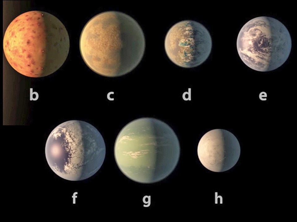 On Feb. 22, 2017, NASA announced the discovery of <a href="http://www.huffingtonpost.com/entry/earth-size-planets-discovery_us_58ad949fe4b03d80af70e309">seven Earth-sized planets</a> orbiting a single star -- TRAPPIST-1 an ultra-cool dwarf sun in the constellation Aquarius just 39 light-years away This artists concept appeared on the cover of the journal Nature on Feb. 23, 2017.