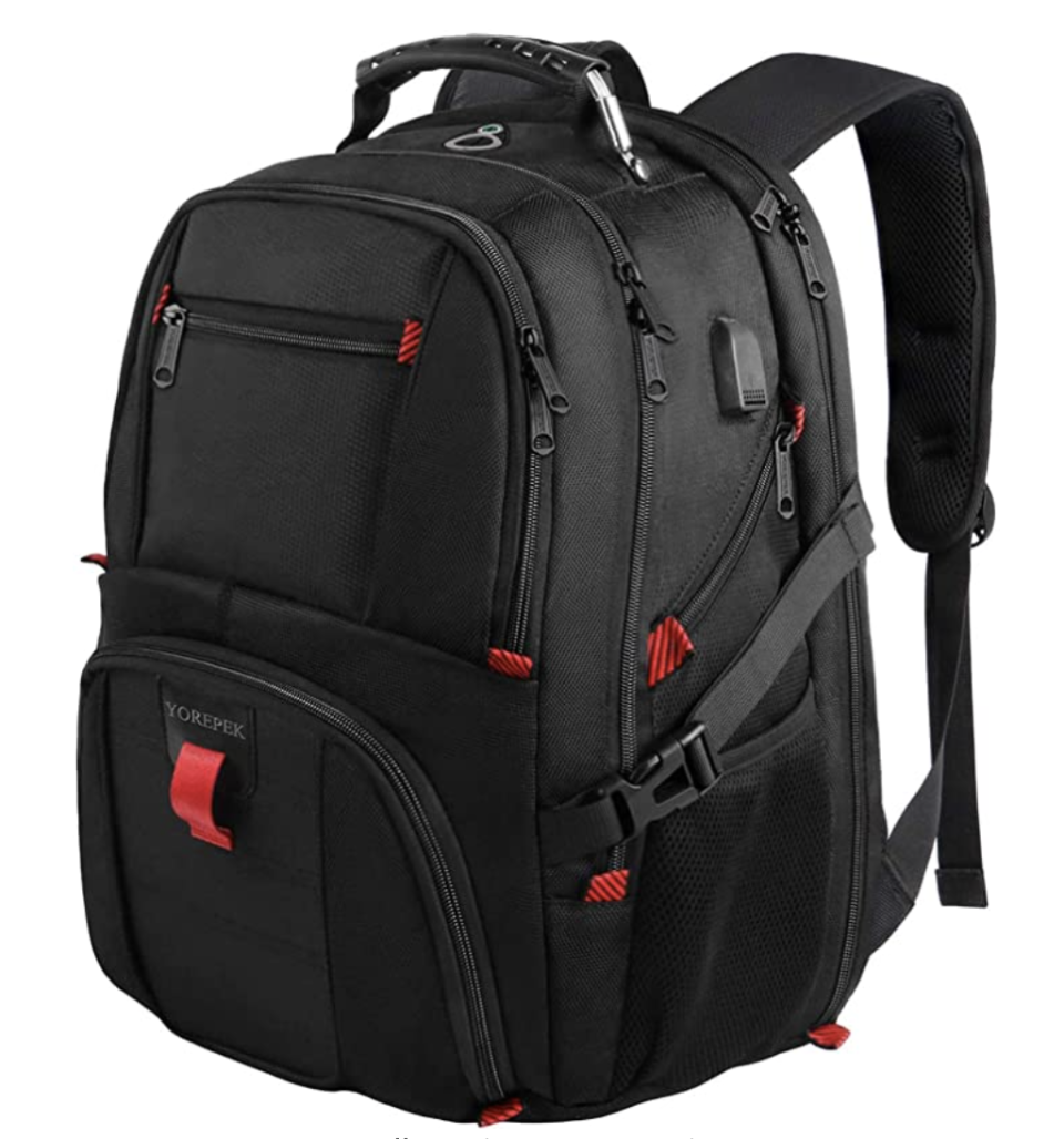 Yorepek 45-Litre Backpack in black with red tags on white background (Photo via Amazon)
