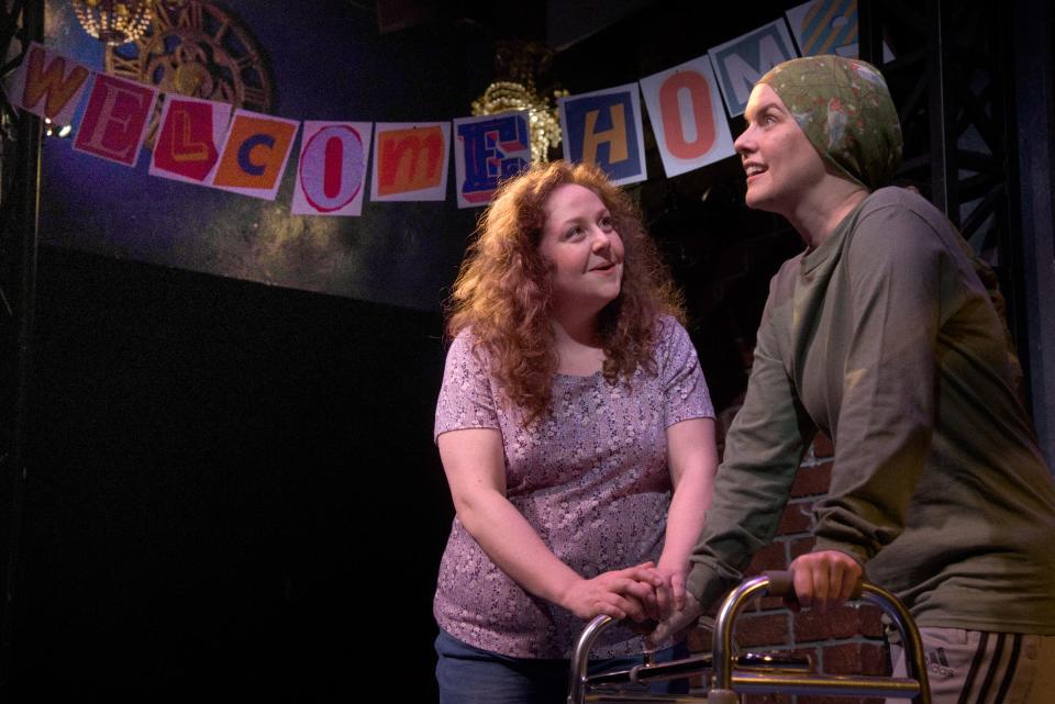 Amanda Jill Robinson, left, and Rachel Moulton play sisters in Lindsey Ferrentino’s drama “Ugly Lies the Bone” in Florida Studio Theatre’s Stage III series.