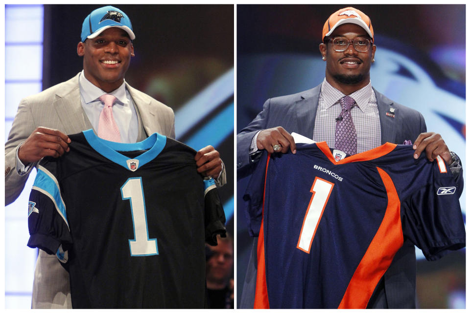 FILE - In these April 28, 2011, file photos, Auburn quarterback Cam Newton, left, the No. 1 pick overall selected by the Carolina Panthers, and Texas A&amp;M linebacker Von Miller, the second overall pick selected by the Denver Broncos, hold up jerseys at the NFL football draft at Radio City Music Hall in New York. Five years later we have the first-ever matchup of No. 1 vs. No. 2 in the Super Bowl.  (AP Photo/Jason DeCrow, File)
