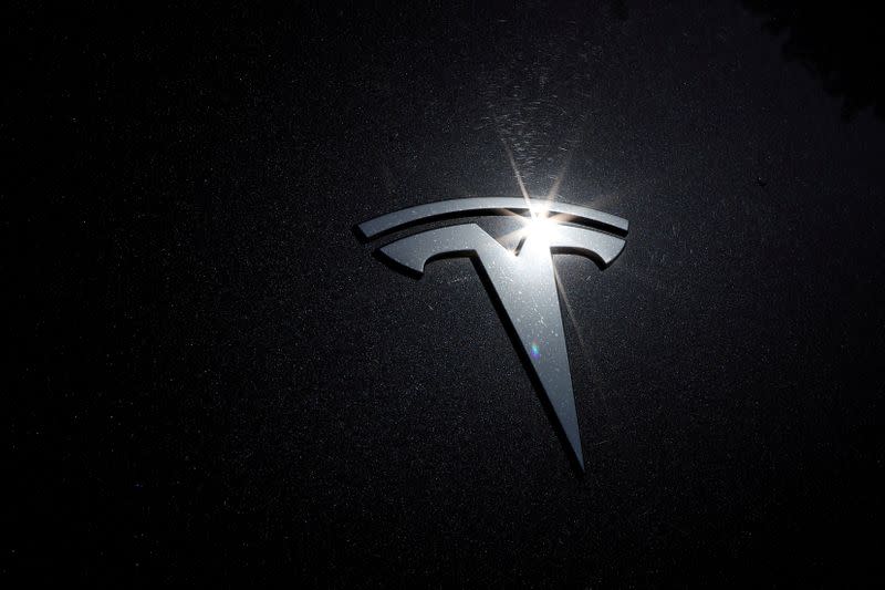 FILE PHOTO: FILE PHOTO: The Tesla logo is seen on a car in Los Angeles