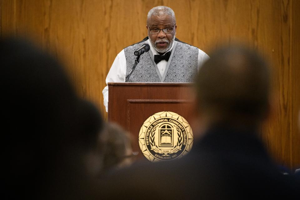 Joe McGee, the chairman of the banquet organizing committee, speaks at the Dr. Martin Luther King, Jr. Memorial Park Banquet and Black History program on Friday, Feb. 24, 2023, at Fayetteville Technical Community College.