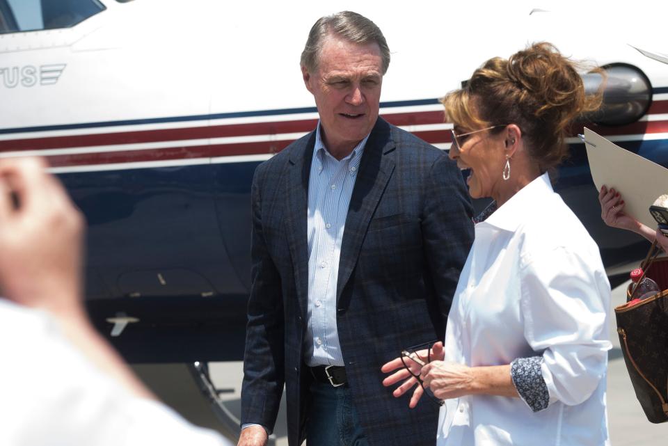 Former Alaska Gov. Sarah Palin, currently running for an Alaskan Congressional seat, stops in Savannah to campaign for governor's race candidate David Perdue at Sheltair Aviation, a private airport in Savannah.