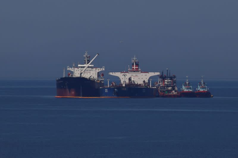 The Liberian-flagged oil tanker Ice Energy transfers crude oil from the Iranian-flagged oil tanker Lana (former Pegas) off the shore of Karystos