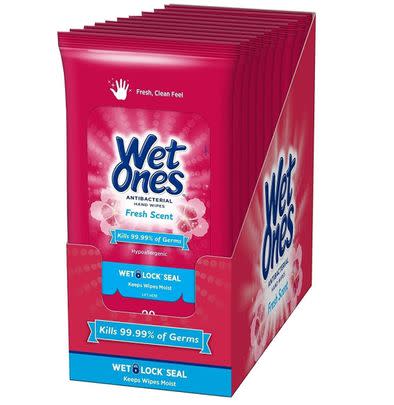 A resealable travel-size pack of antibacterial wipes