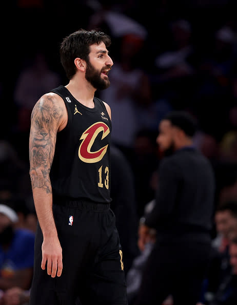 NEW YORK, NEW YORK – APRIL 23: Ricky Rubio #13 of the Cleveland Cavaliers reacts during Game Four of the Eastern Conference First Round Playoffs against the New York Knicks at Madison Square Garden on April 23, 2023 in New York City. NOTE TO USER: User expressly acknowledges and agrees that, by downloading and or using this photograph, User is consenting to the terms and conditions of the Getty Images License Agreement. (Photo by Elsa/Getty Images)