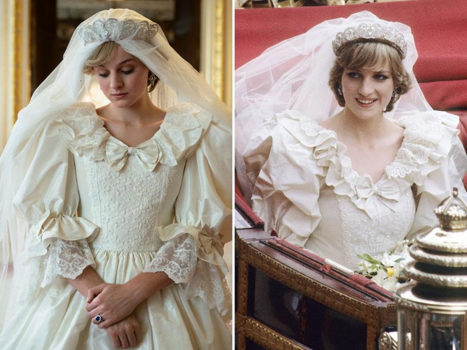 emma corrin princess diana wedding gown side-by-side