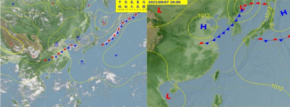 昨（31）日20時地面分析圖（左圖）顯示，滯留鋒仍在華北、華中一帶徘徊；鋒面之南為「熱帶海洋氣團」（太平洋高壓）的勢力範圍。中央氣象局7日20時的地面預測圖（右圖）顯示，鋒面仍在華北，台灣維持著夏季的天氣型態。（取自「三立準氣象·老大洩天機」專欄）