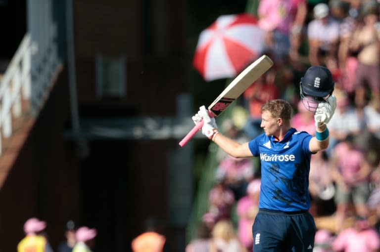 England's Joe Root celebrates reaching his century in the fourth one-day international against South Africa in Johannesburg on February 12, 2016