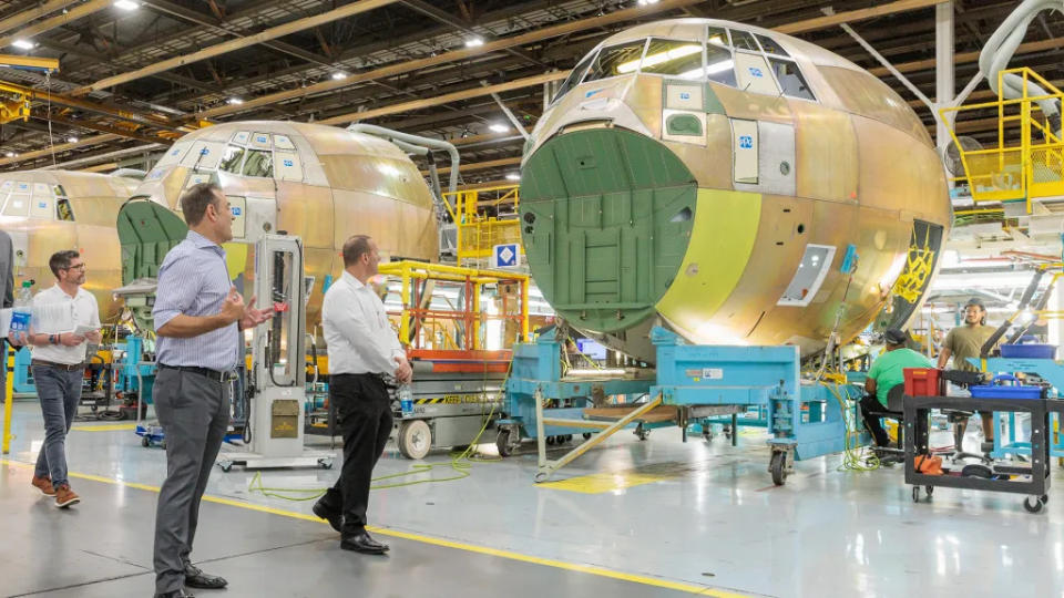 C-130J forward-fuselage and cockpit sections on the production line. <em>Lockheed Martin/Thinh D. Nguyen</em>