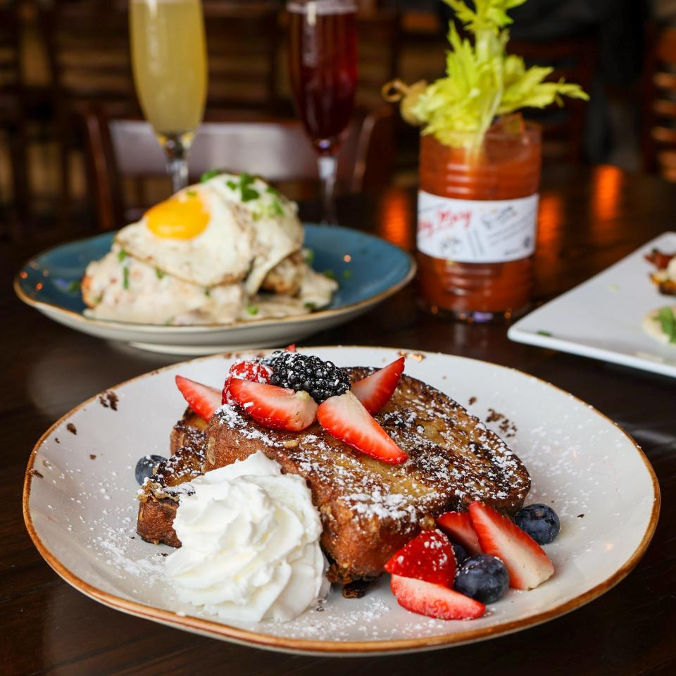 B2 Bistro + Bar locations offer up brunch, with dishes like fluffy French toast topped with fresh fruit, and drinks like the B2 Bloody Mary.