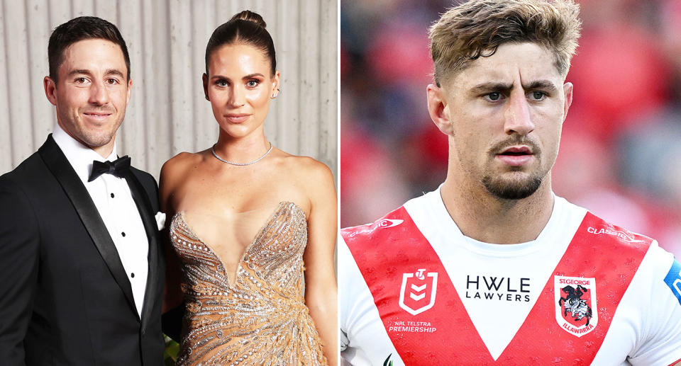 Pictured left to right, Dragons captain Ben Hunt and his wife, with Zac Lomax on the right.