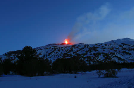 Italy's Mount Etna, Europe's tallest and most active volcano, spews lava as it erupts on the southern island of Sicily, Italy February 28, 2017. REUTERS/Antonio Parrinello