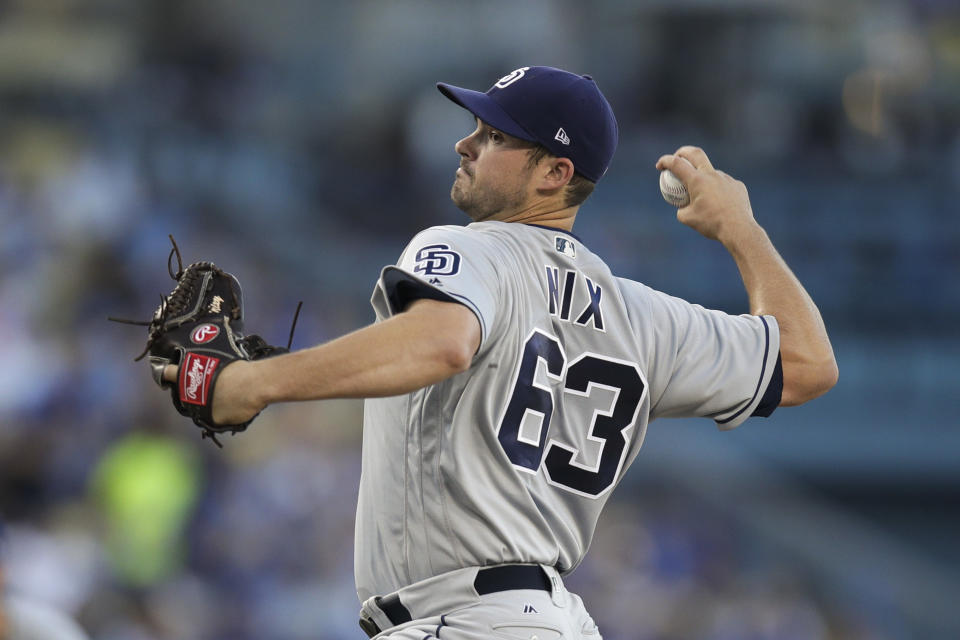 San Diego Padres starting pitcher Jacob Nix throws to a Los Angeles Dodgers batter during the first inning of a baseball game Saturday, Sept. 22, 2018, in Los Angeles. (AP Photo/Jae C. Hong)