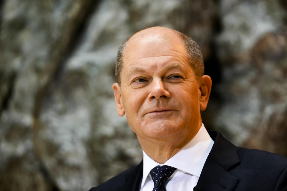 Designated new German chancellor Olaf Scholz presents the ministers of his Social Democratic Party, SPD, for the new German government during a news conference at the party's headquarters in Berlin, Germany, Monday, Dec. 6, 2021. German parliament Bundestag is planning to elect Scholz as new chancellor on Wednesday Dec. 8, 2021. (AP Photo/Markus Schreiber)