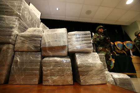 Peruvian police show to the press more than two tons of cocaine hidden in packages of asparagus destined for Amsterdam, and arrested a Serbian man and four Peruvians suspected of running a smuggling operation from a gourmet food business, authorities said, at police headquarters in Lima, Peru, January 12, 2017. REUTERS/Mariana Bazo