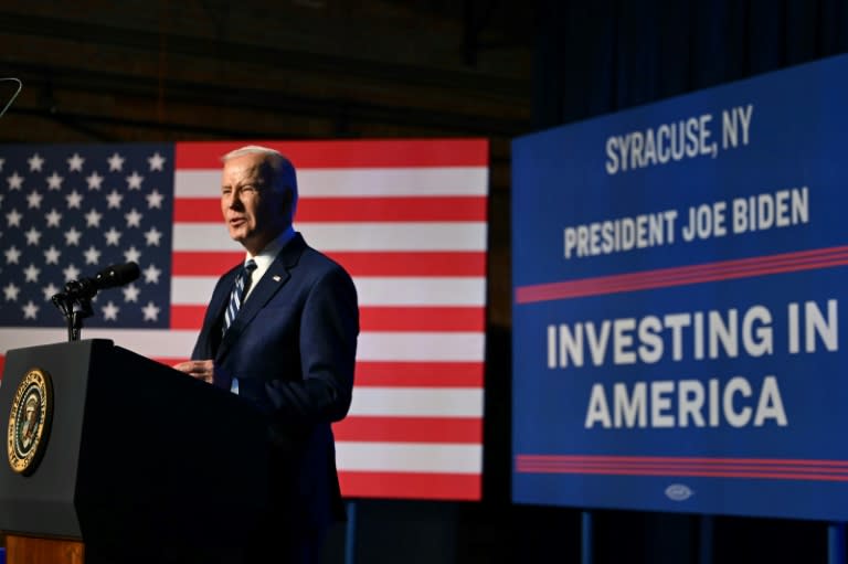 Joe Biden lors d'un discours à Syracuse (Etat de New York), le 25 avril 2024 (ANDREW CABALLERO-REYNOLDS)