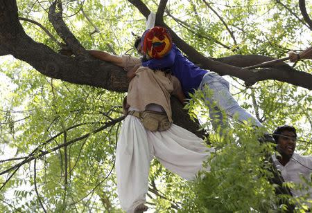 (ATTENTION EDITORS - VISUAL COVERAGE OF SCENES OF DEATH AND INJURY) Supporters of Aam Aadmi Party (AAP) try to rescue a farmer who hung himself from a tree during a rally organized by AAP, in New Delhi April 22, 2015. REUTERS/Adnan Abidi